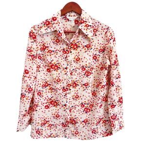 Vintage 70s Alex Coleman Peach Floral Wide Collar Blouse Women's Size Medium